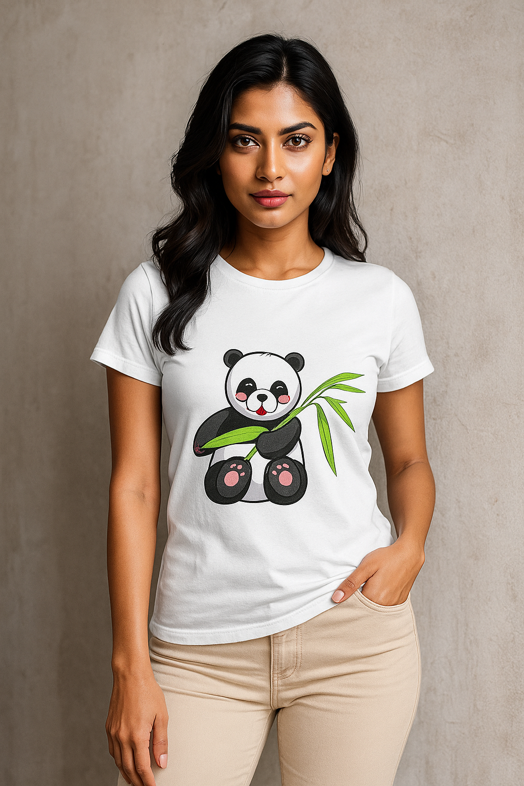 Happy Panda women’s t-shirt – cotton graphic tee with cute panda and bamboo design
