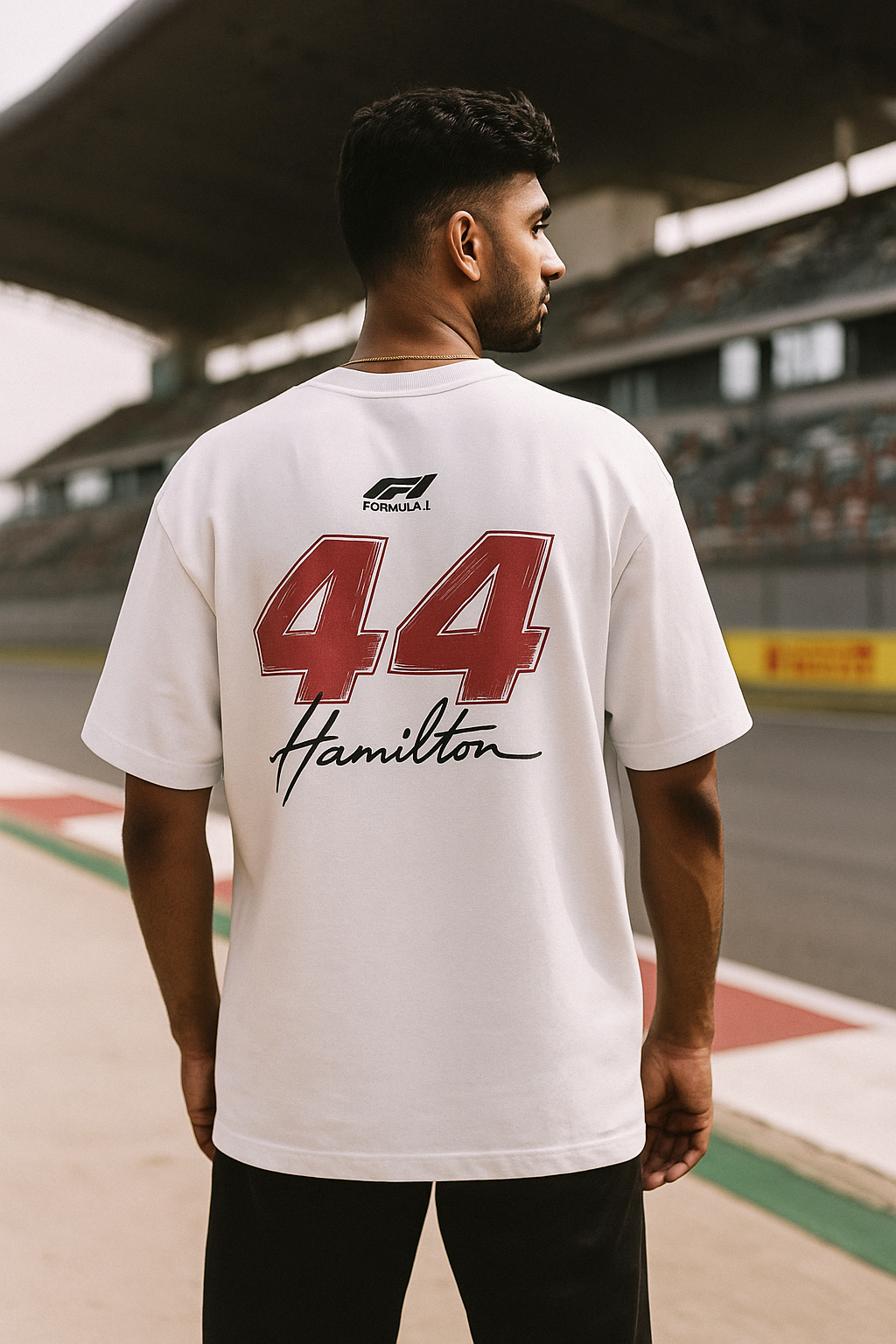 Indian male model wearing SoulSet Scuderia SF Edition oversized black Ferrari t-shirt with monochrome prancing horse logo and deep red branding, posing confidently in a relaxed streetwear look. Bold motorsport-inspired fashion made with premium heavyweight cotton for F1 fans.