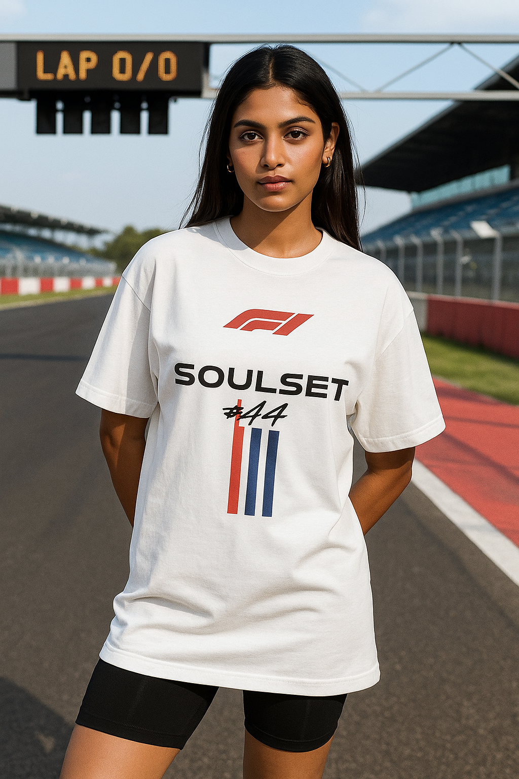 Woman wearing a white t-shirt with 'SOULSET' branding on a race track.