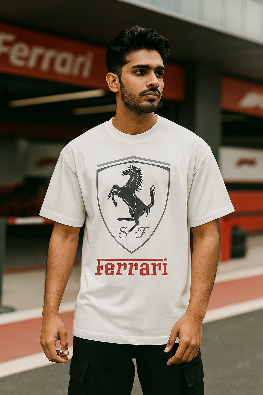 Person wearing a Ferrari t-shirt with the brand logo in an outdoor setting.