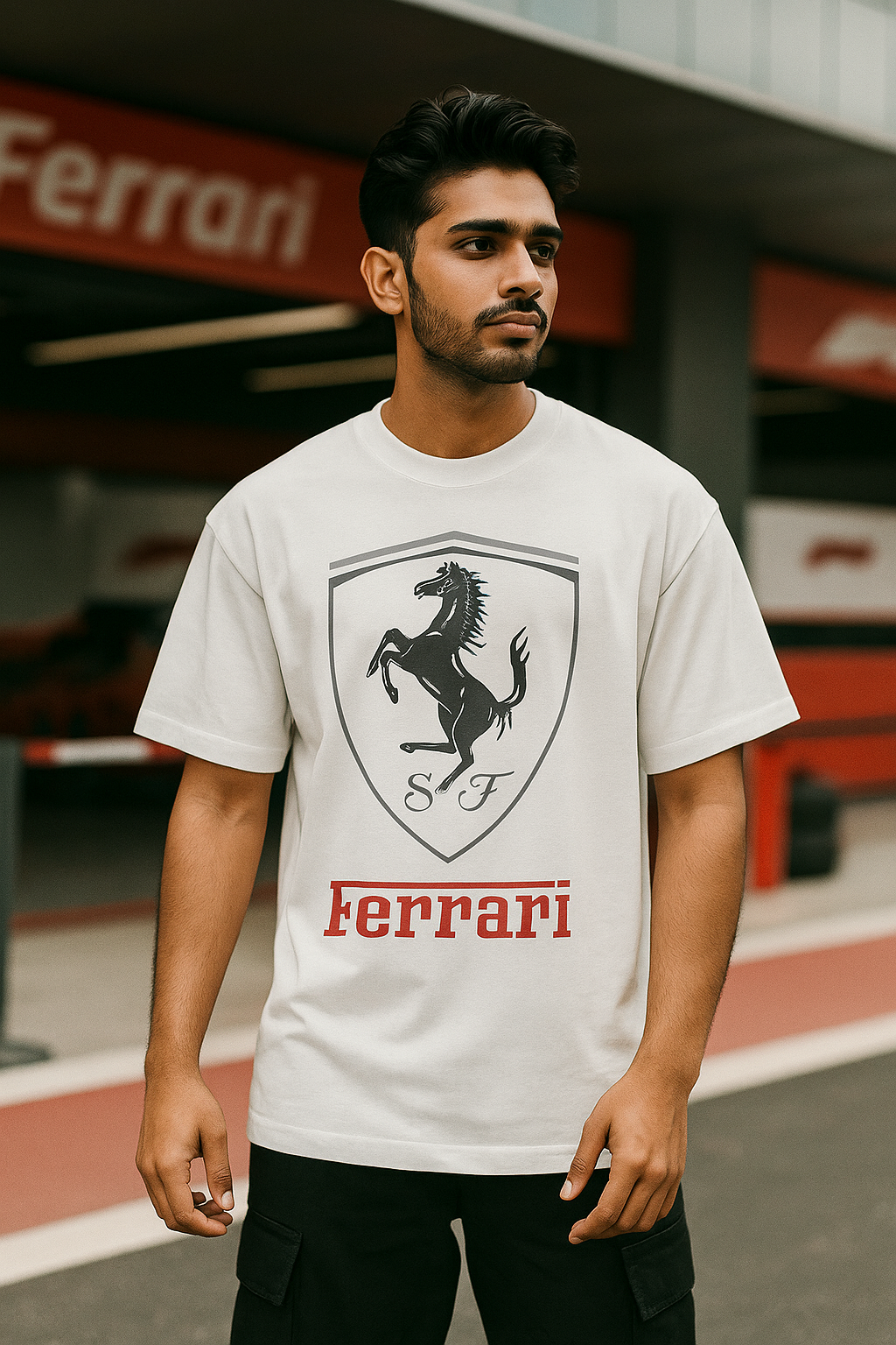 Person wearing a Ferrari t-shirt with the brand logo in an outdoor setting.