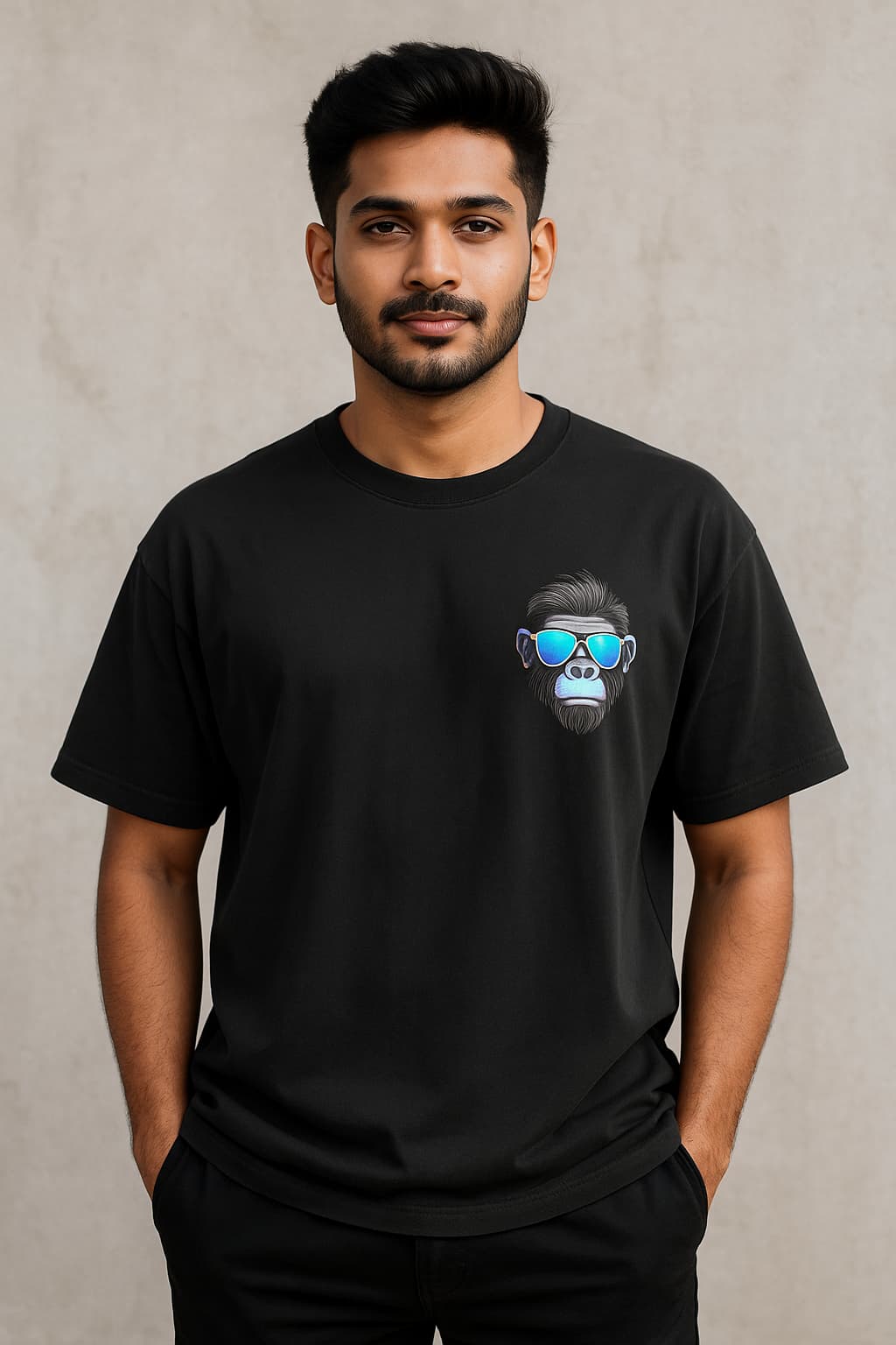 Man wearing a black t-shirt with a graphic design on a plain background