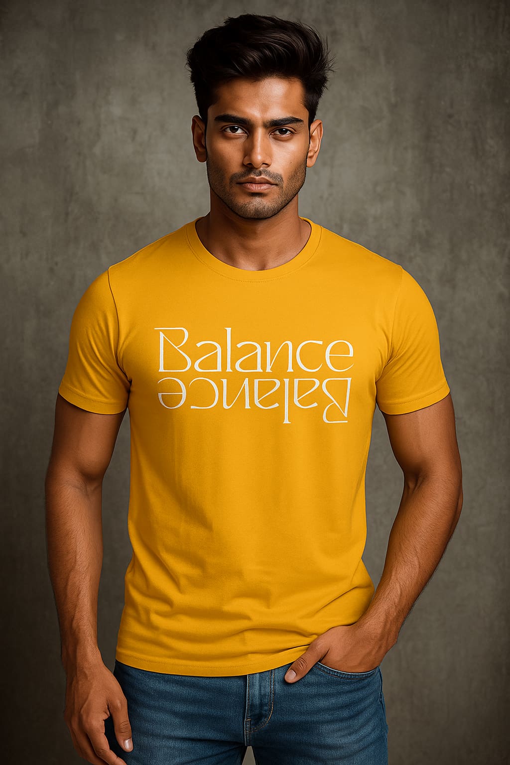 Balance Reflection typography t-shirt – casual cotton tee with minimal text design