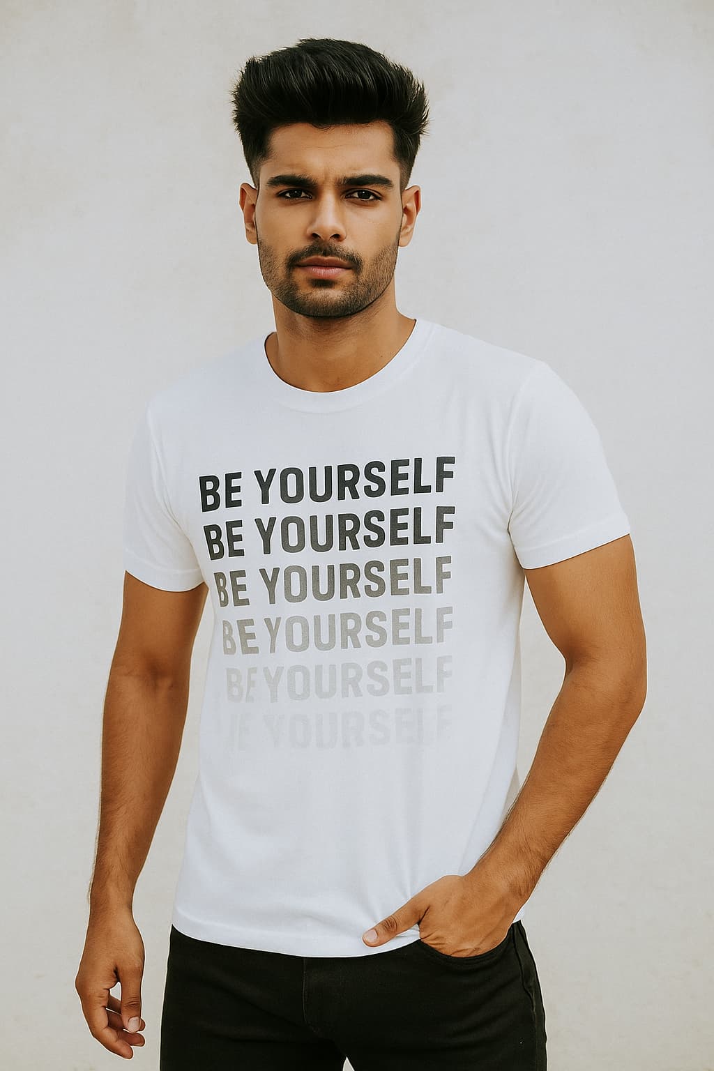 A young South Asian male model stands confidently wearing a yellow oversized T-shirt with a bold adventure-themed print showing a climber silhouette, forest, and sun with the words “And Still I Rise.” He poses stylishly against an aesthetic background for an e-commerce catalog.