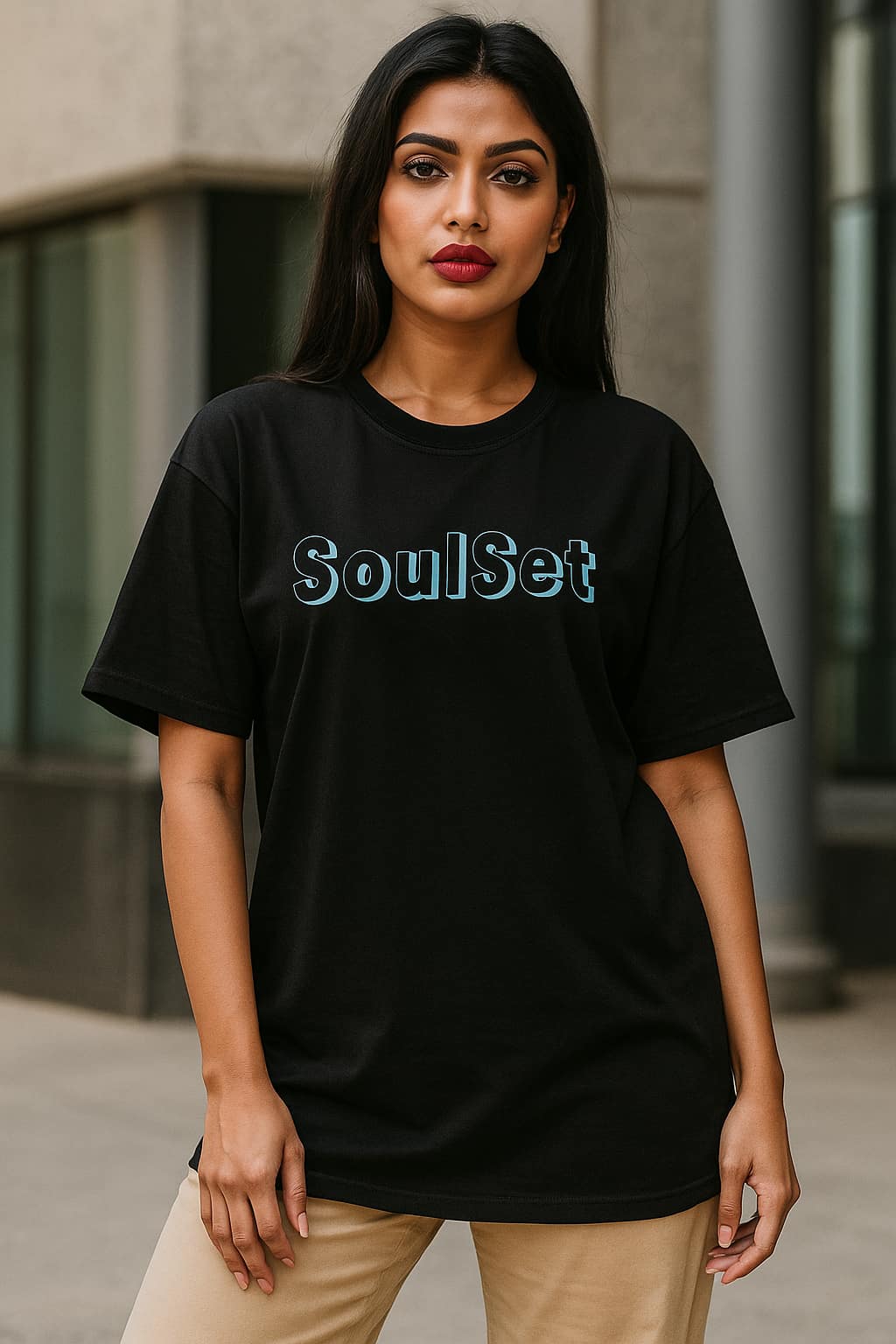 Woman wearing a black t-shirt with 'SoulSet' text, standing outdoors.