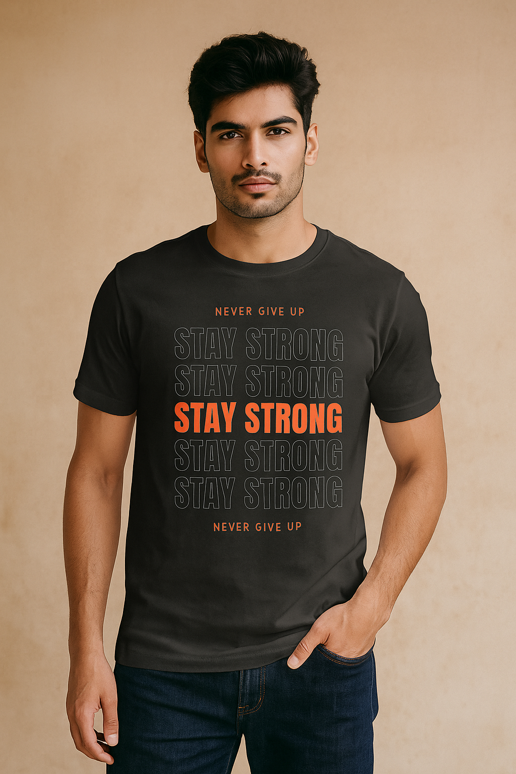 Man wearing a black t-shirt with motivational text on a beige background STAY STRONG