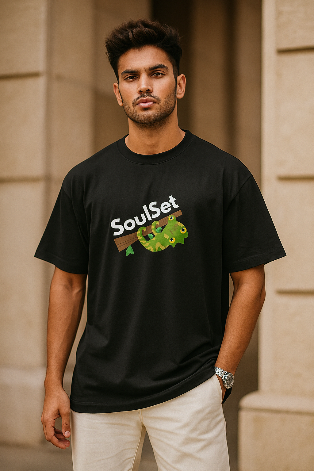 Indian male model wearing black oversized premium T-shirt – front view minimal streetwear fashion by SoulSet.