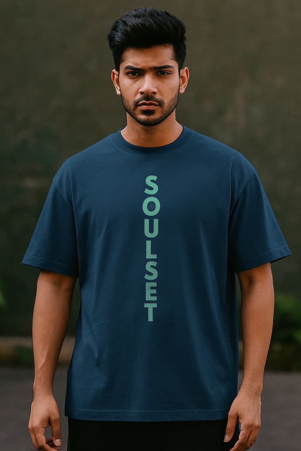 Man wearing a dark blue t-shirt with 'SOUSET' printed vertically on a blurred background