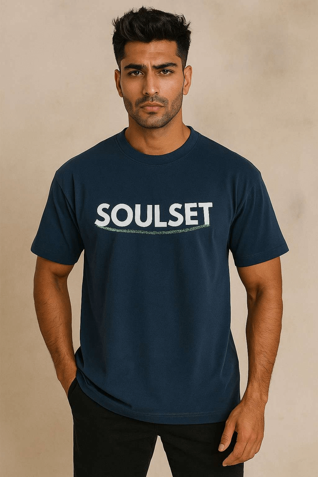 Indian male model wearing BLUE oversized SoulSet T-shirt with bold white and green logo, standing confidently in a stylish modern pose – premium streetwear fashion for men