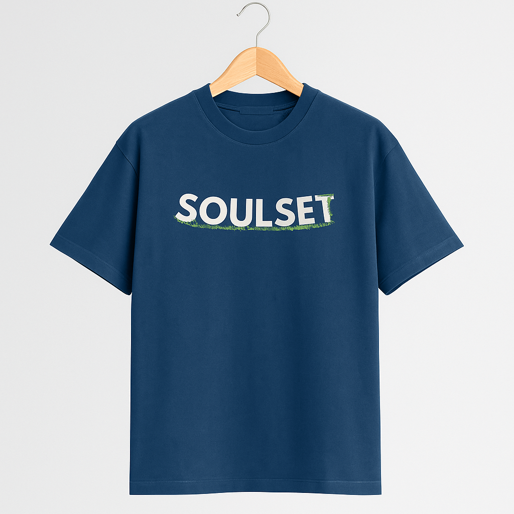 Navy blue oversized SoulSet T-shirt on hanger with white “SOULSET” logo and green underline, ecommerce-ready product photo.