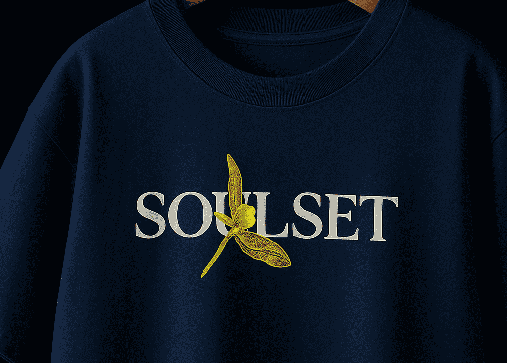 Navy blue sweatshirt with 'SOUSET' logo featuring a yellow leaf design on a black background