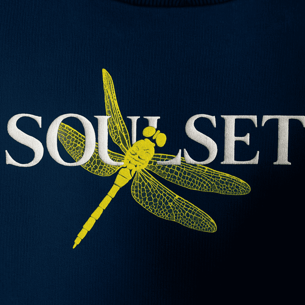 Yellow dragonfly design on a navy background with 'Soul Set' text.