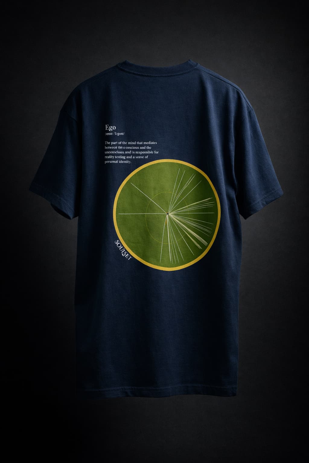 Navy blue t-shirt with a green circular design on the back against a dark background
