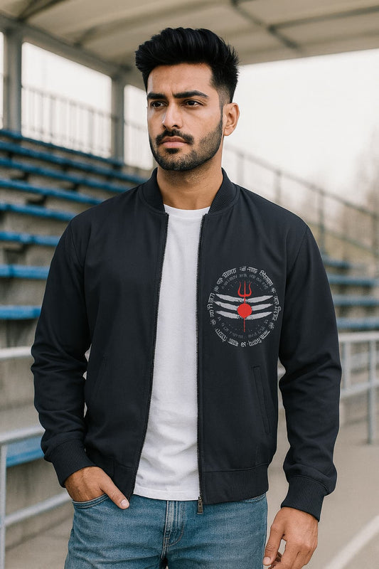 Man wearing a black bomber jacket with a white graphic design, standing in an outdoor setting.