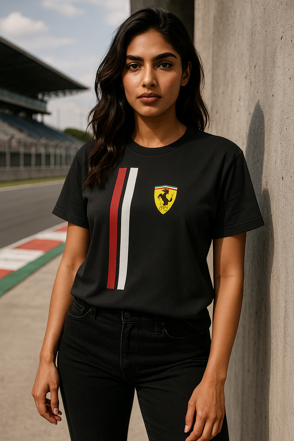 Indian female model wearing a black Ferrari F1 t-shirt with vertical red and white racing stripes and Ferrari logo, standing confidently at a Formula 1 racetrack. Stylish, bold and modern apparel for F1 fans and streetwear lovers.