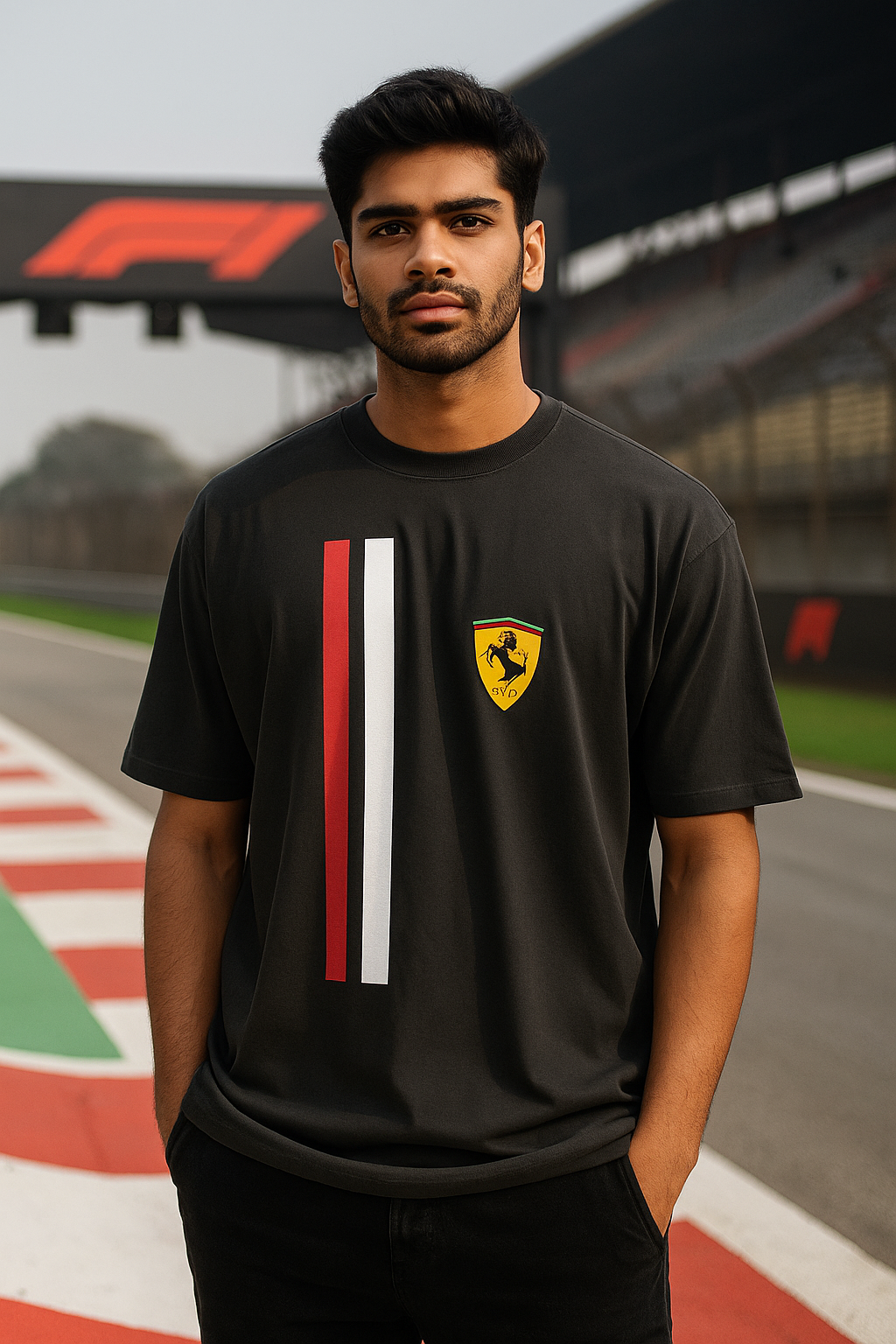 Indian male model wearing a black Ferrari F1 t-shirt with vertical red and white racing stripes and Ferrari logo, standing confidently at a Formula 1 racetrack. Stylish, bold and modern apparel for F1 fans and streetwear lovers.