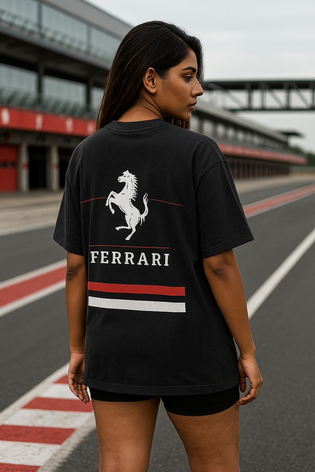 Indian female model wearing a black Ferrari F1 t-shirt with vertical red and white racing stripes and Ferrari logo, standing confidently at a Formula 1 racetrack. Stylish, bold and modern apparel for F1 fans and streetwear lovers.