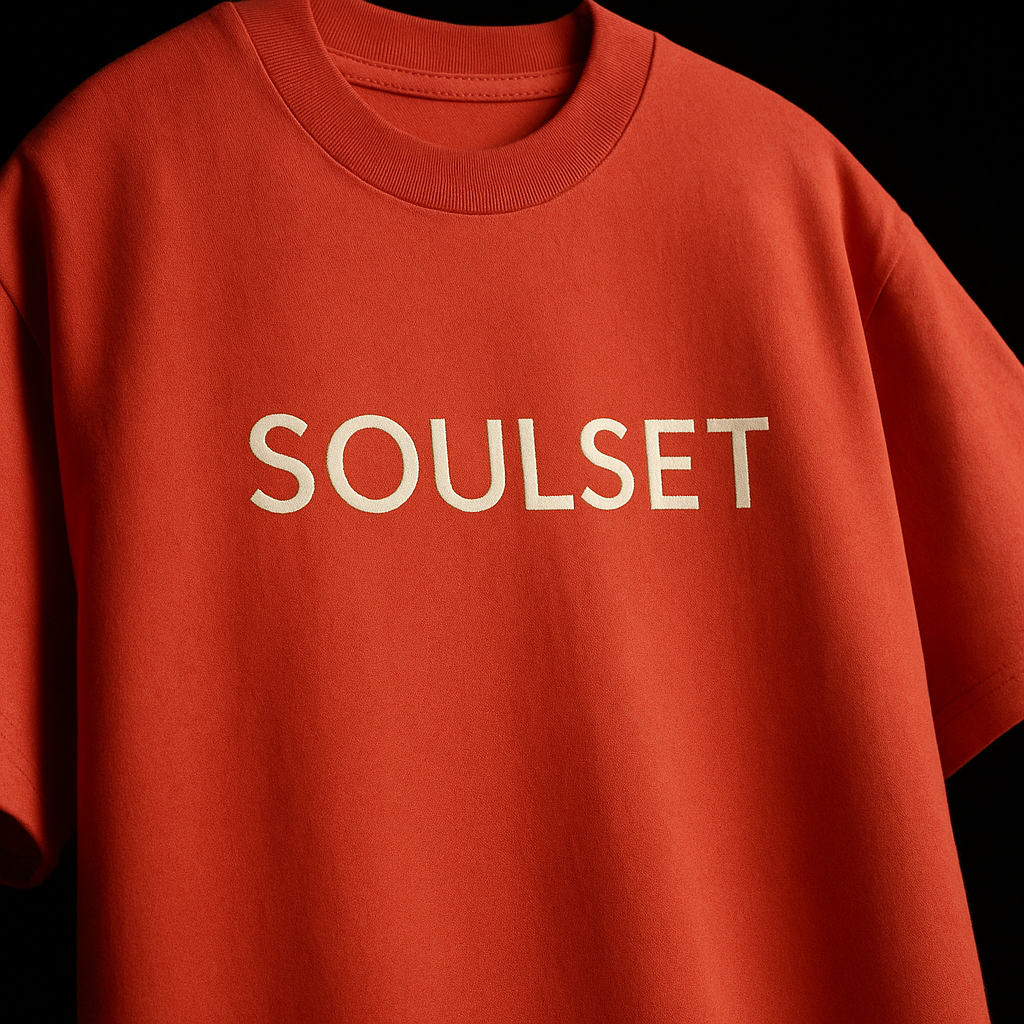 Red t-shirt with 'SOULSET' text on a black background