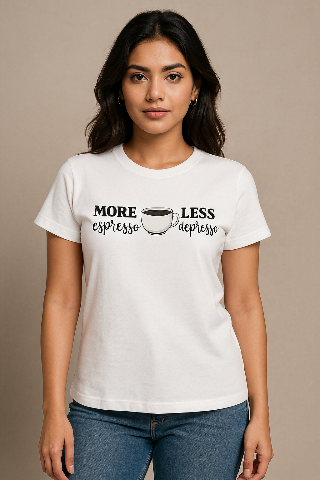 More Espresso Less Depresso t-shirt – cotton graphic tee with coffee quote design