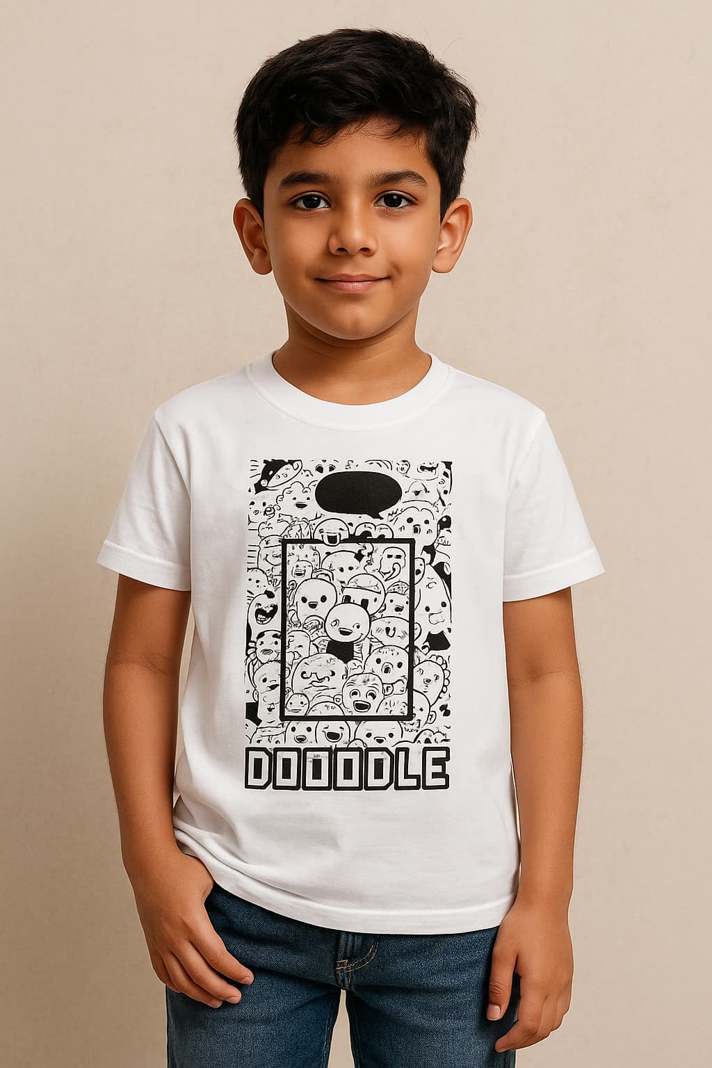 Child wearing SoulSet 'Dooooodle' Kids Creative Doodle Art T-Shirt, soft cotton, playful and comfortable fit.