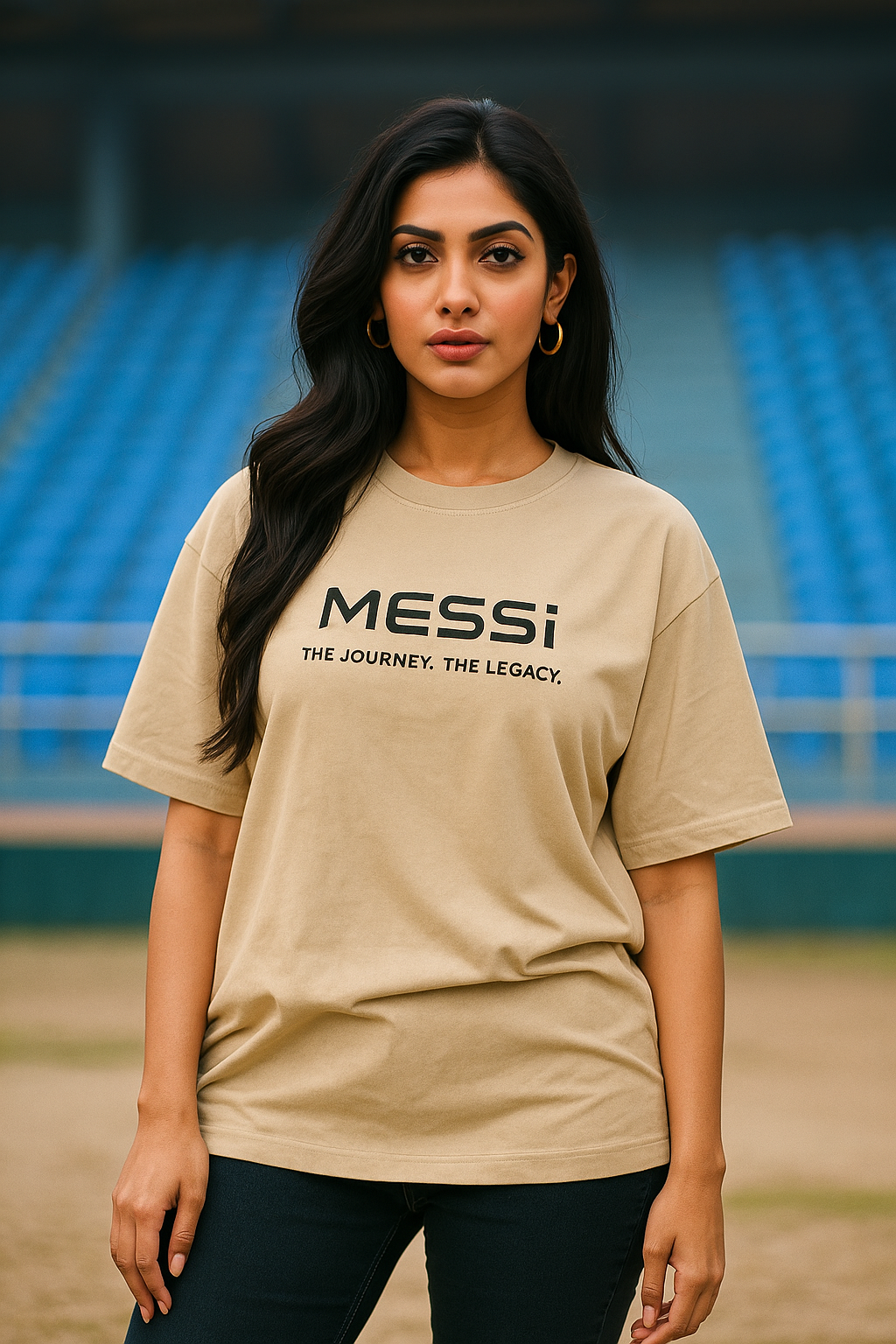 Woman wearing a beige t-shirt with 'Messi' text in an outdoor setting