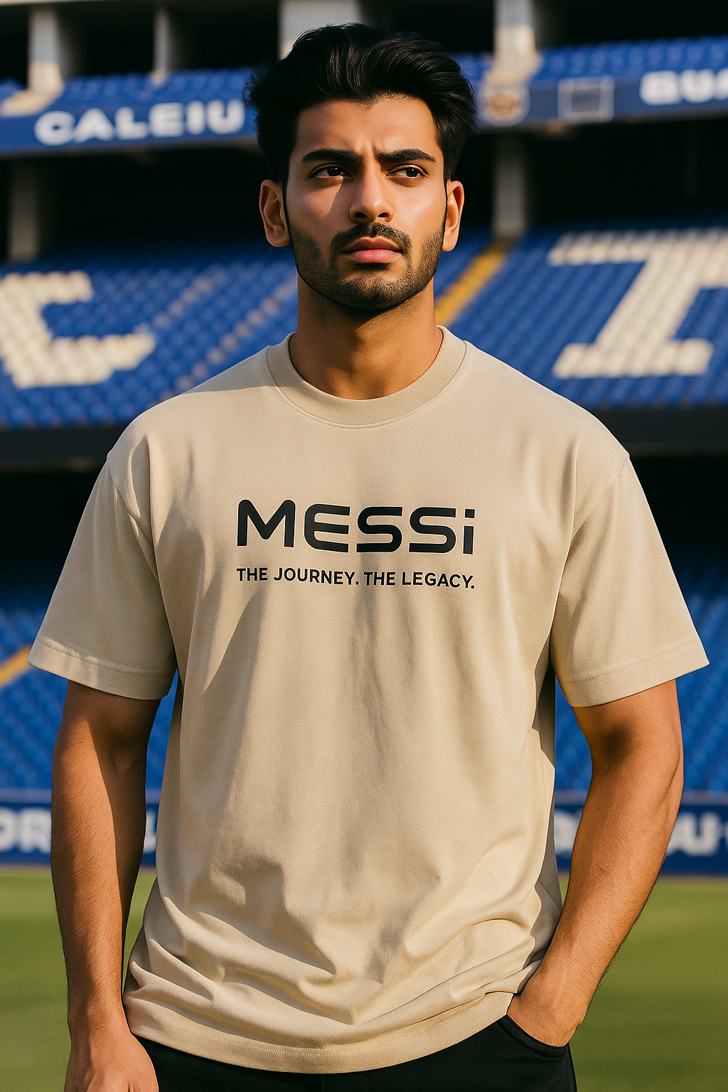 Man wearing a beige t-shirt with 'Messi' text in a stadium setting