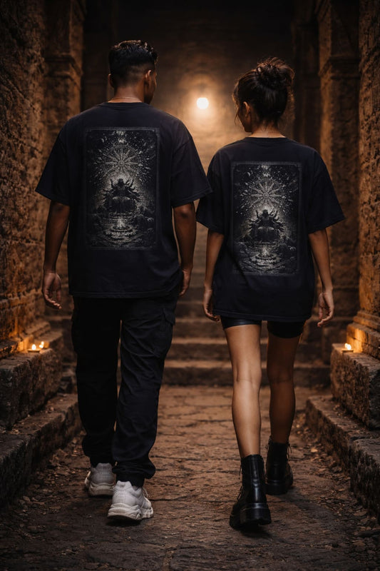 Two people wearing matching black t-shirts with a design on the back, walking in a dimly lit stone hallway.