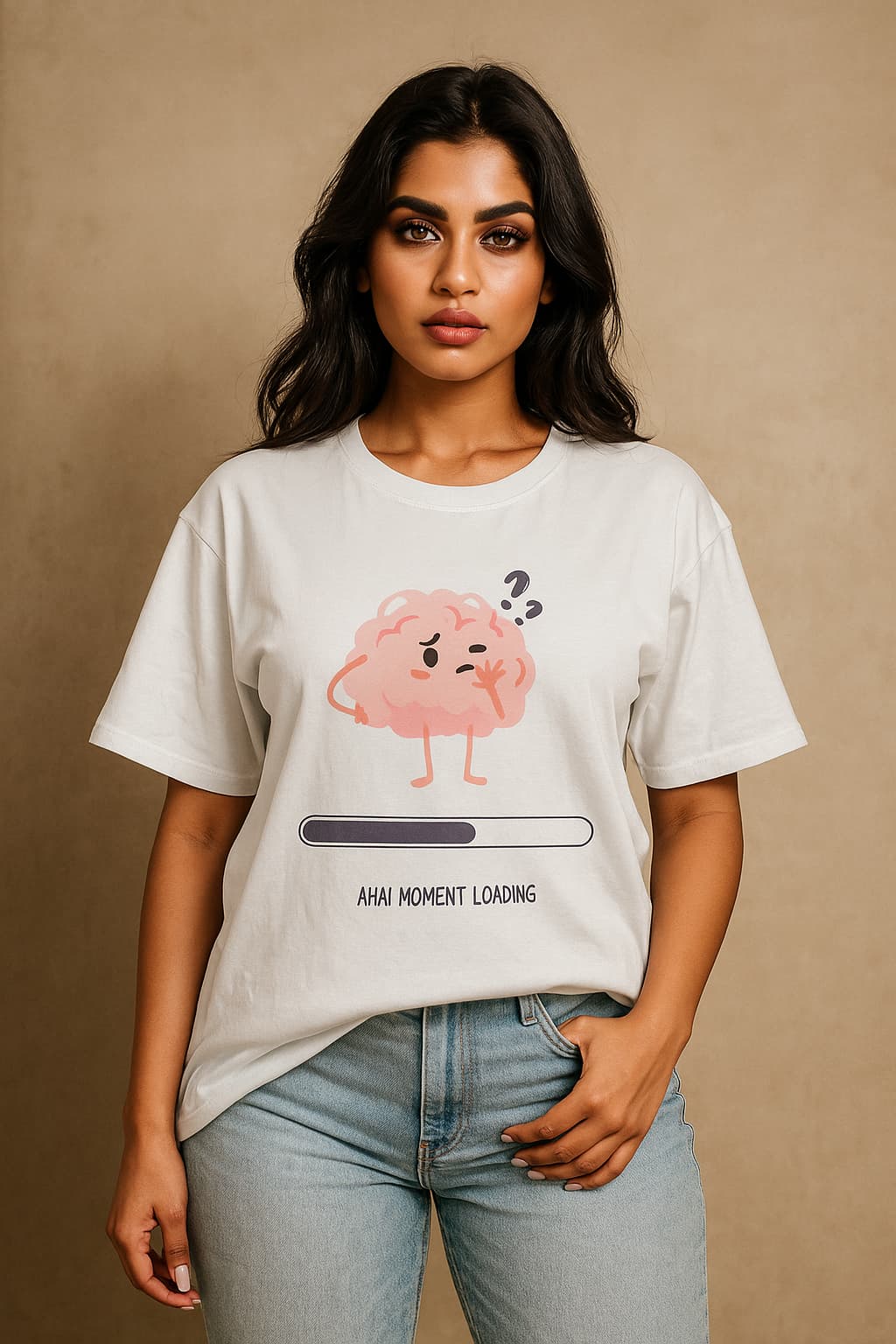 Woman wearing a white t-shirt with a brain graphic and text on a beige background