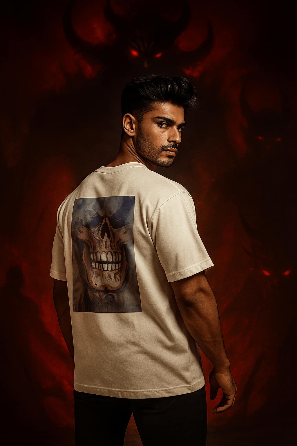 Man wearing a beige t-shirt with a skull design on the back against a dark background