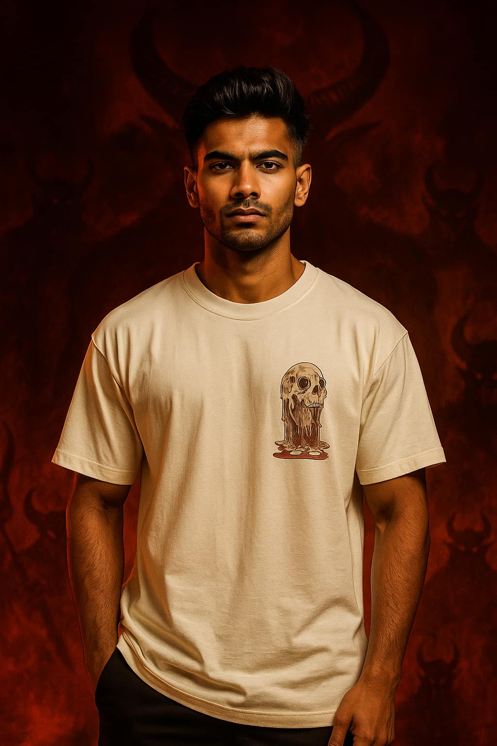 Man wearing a beige t-shirt with a graphic design on a dark red background