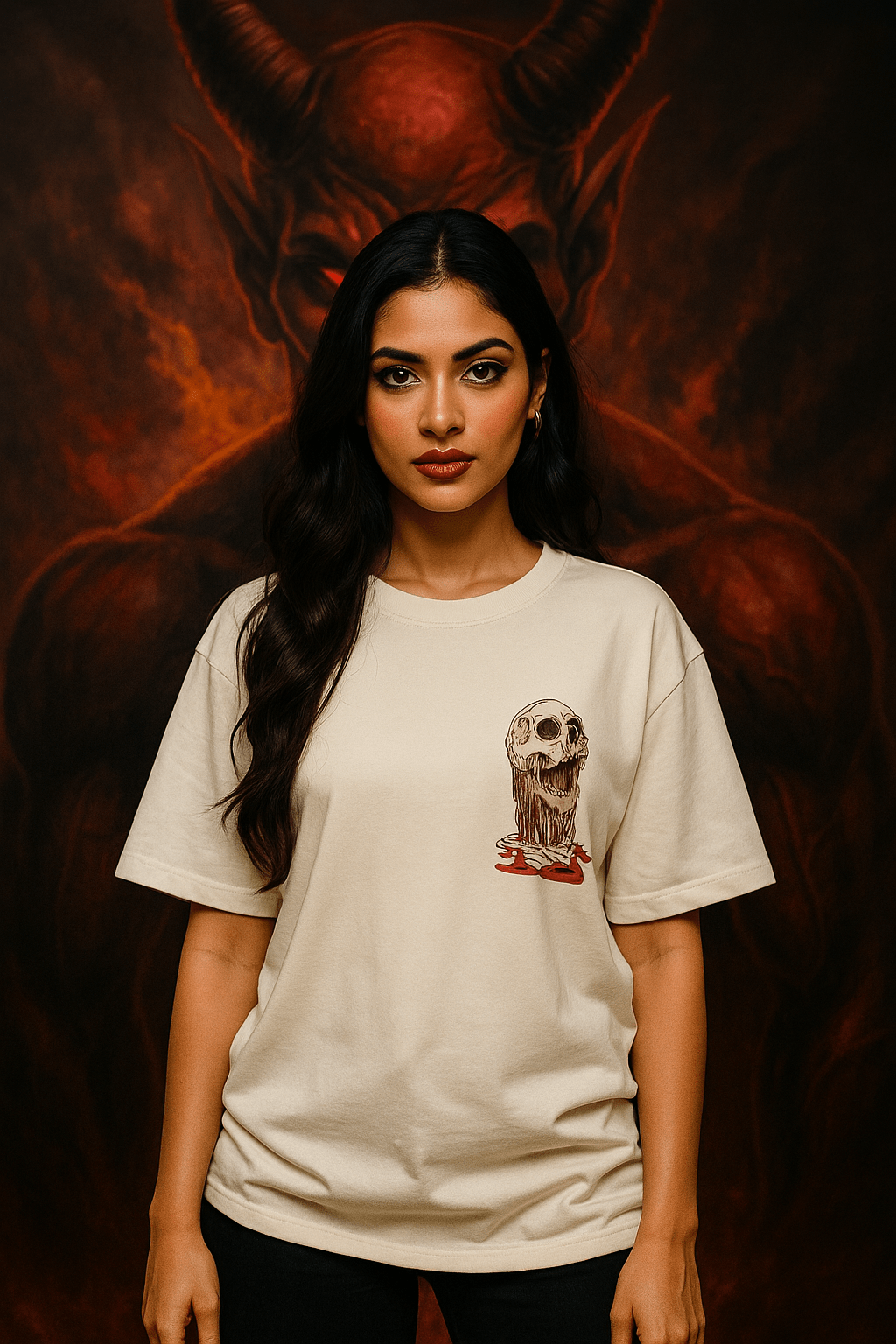 Oversized off-white t-shirt featuring a bold horror-inspired graphic on the front left chest. The design showcases a melting human skull dripping into a pool of blood, creating a dark, devilish aesthetic perfect for gothic and streetwear fashion.