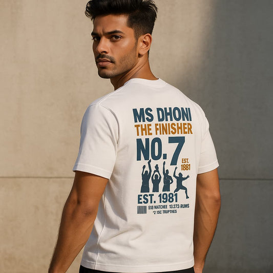 Man wearing a white t-shirt with 'MS Dhoni The Finisher No.7' design on the back.