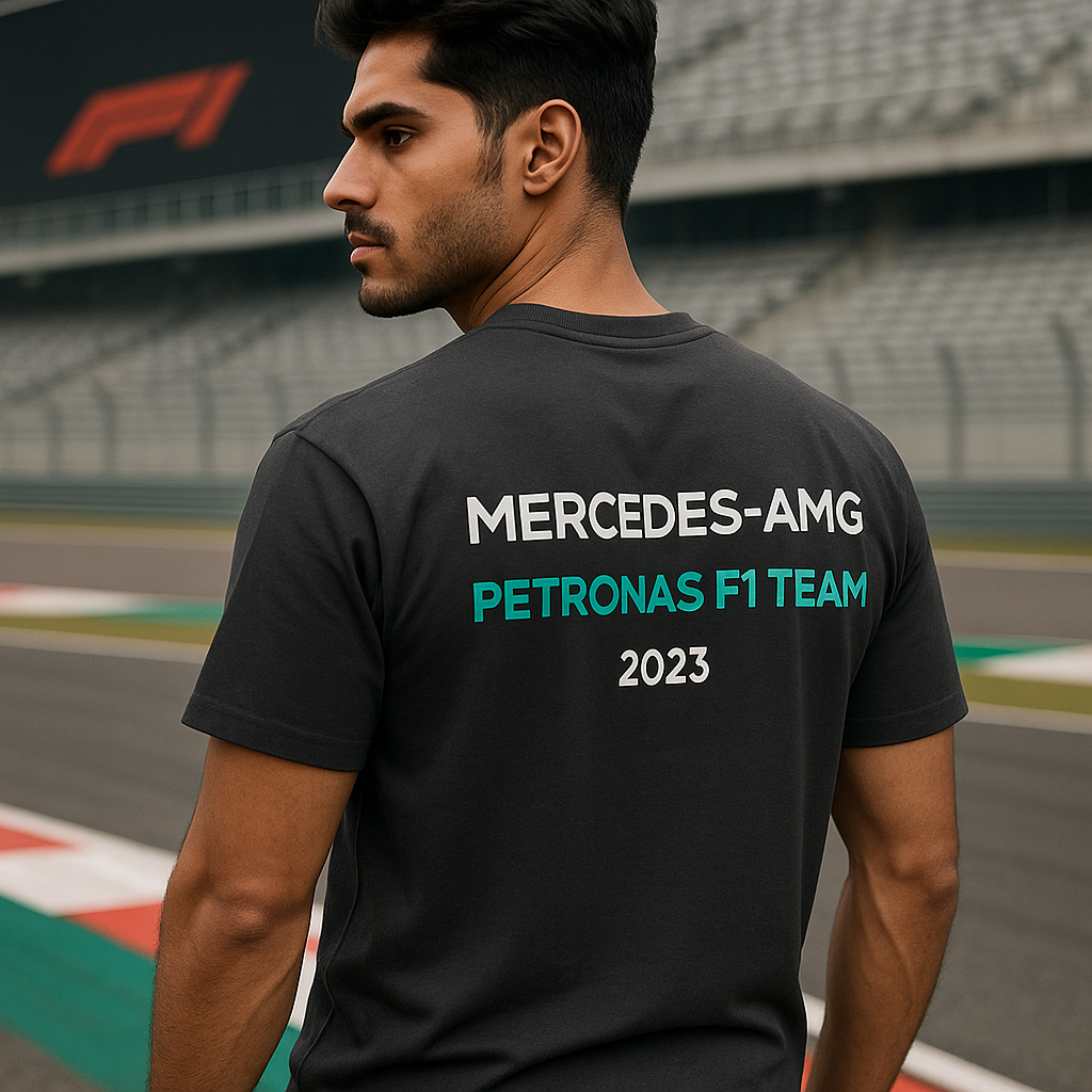 A confident Indian Male model with fair skin and a fit physique stands in a relaxed pose, facing away to showcase the back of her black oversized Mercedes-AMG Petronas F1 Team t-shirt. The t-shirt features bold white and teal typography with “MERCEDES-AMG,” “PETRONAS F1 TEAM,” and “2023” printed on it. The model is positioned on a Formula 1 pit lane at sunset, with a sleek Mercedes-Benz garage in the background, exuding a bold and stylish F1-themed atmosphere.