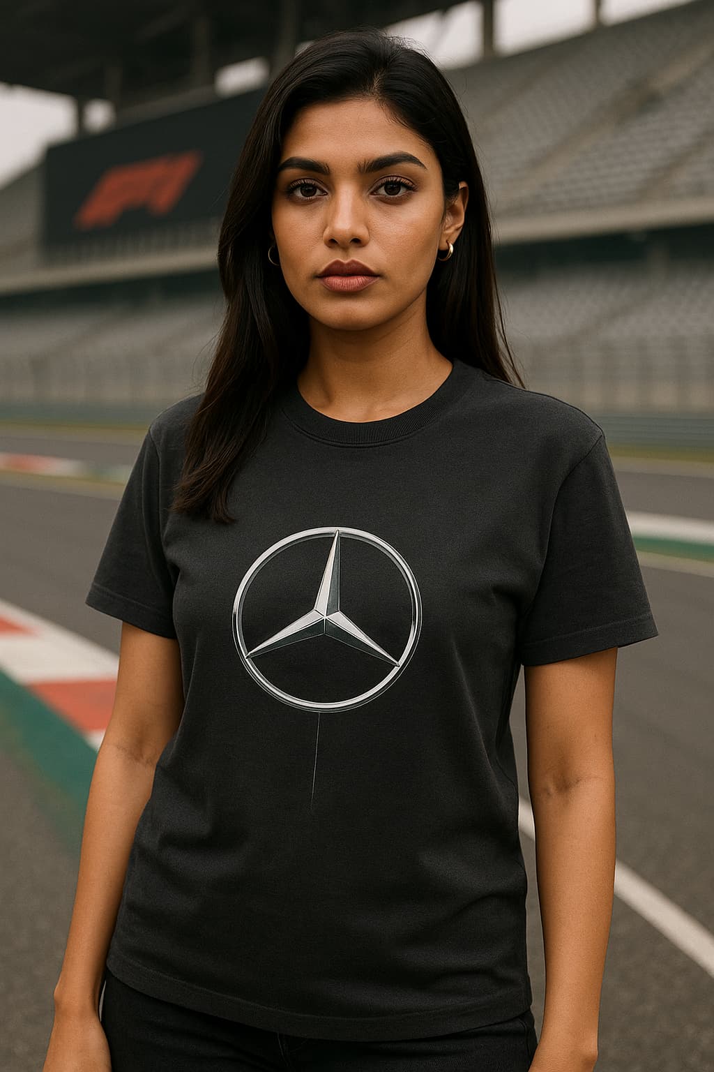 A confident Indian female model with fair skin and a fit physique stands in a relaxed pose, facing away to showcase the FRONT of her black oversized Mercedes-AMG Petronas F1 Team t-shirt. The t-shirt features bold white “MERCEDES-LOGO,” “PETRONAS F1 TEAM,” The model is positioned on a Formula 1 pit lane at sunset, with a sleek Mercedes-Benz garage in the background, exuding a bold and stylish F1-themed atmosphere.