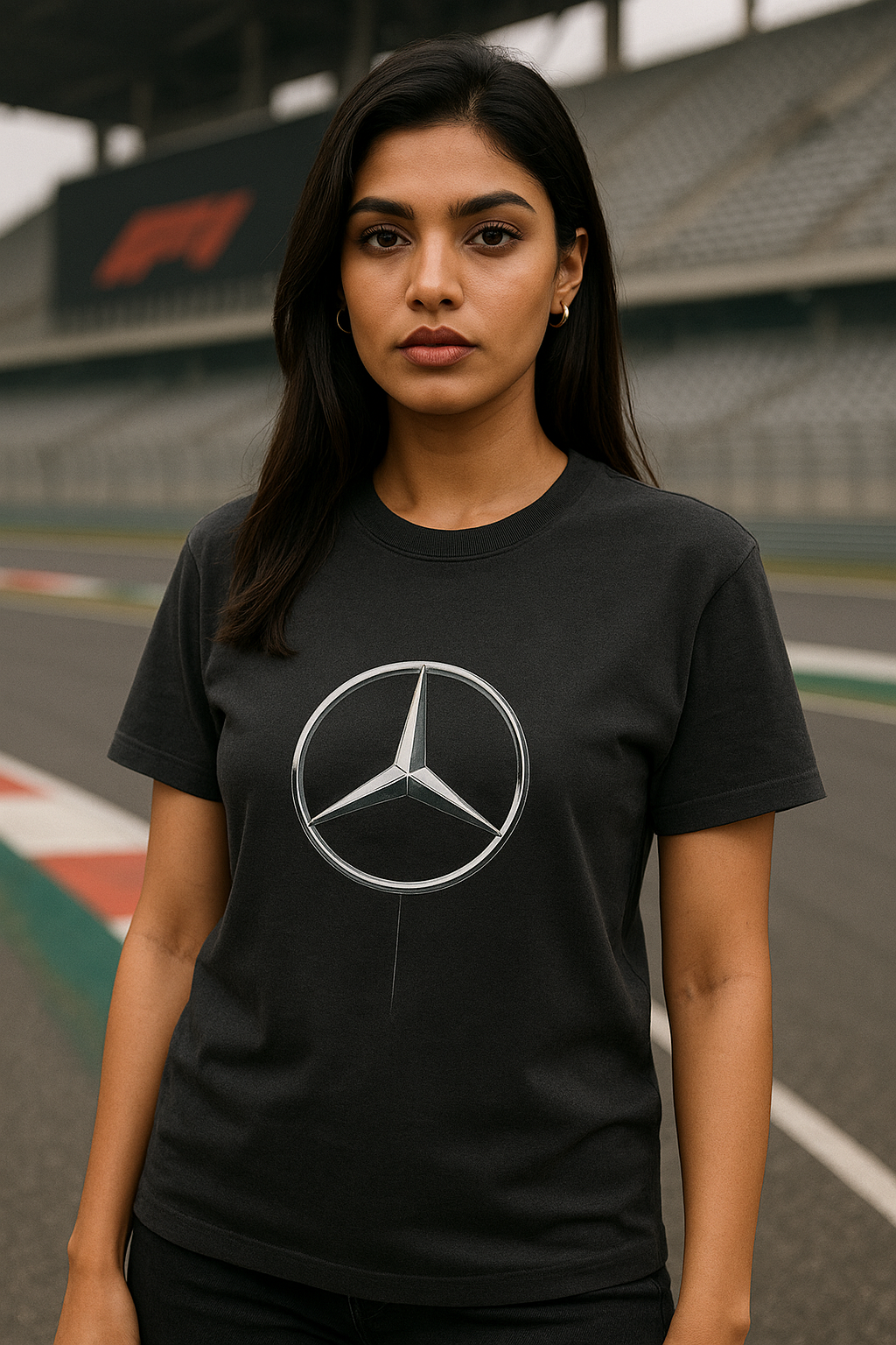 A confident Indian female model with fair skin and a fit physique stands in a relaxed pose, facing away to showcase the FRONT of her black oversized Mercedes-AMG Petronas F1 Team t-shirt. The t-shirt features bold white “MERCEDES-LOGO,” “PETRONAS F1 TEAM,” The model is positioned on a Formula 1 pit lane at sunset, with a sleek Mercedes-Benz garage in the background, exuding a bold and stylish F1-themed atmosphere.
