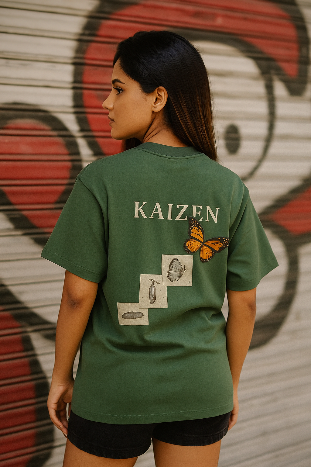 Person wearing a green 'KAIZEN' t-shirt with butterfly design in front of graffiti.