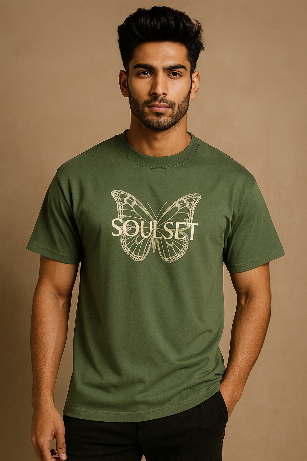 Man wearing a green t-shirt with 'Soulset' logo on a beige background