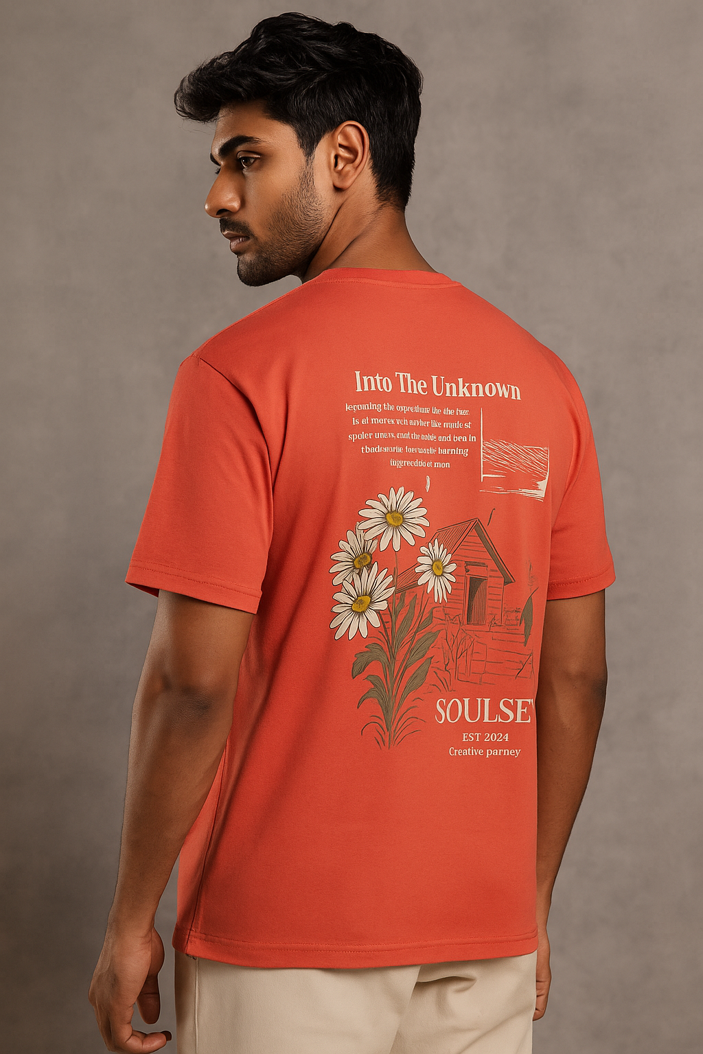 Man wearing an orange t-shirt with a floral design and text on the back against a brown background