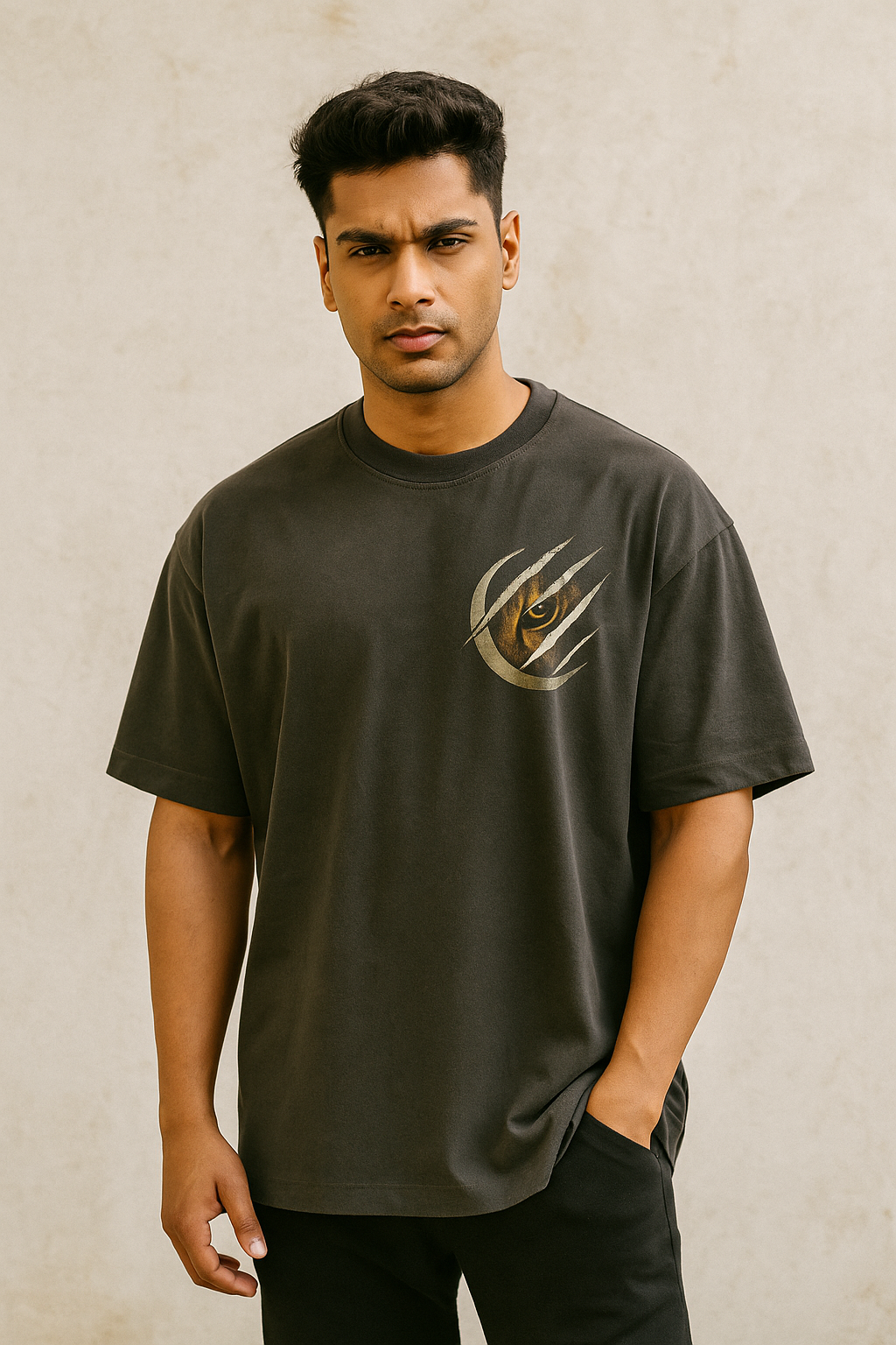 Oversized unisex t-shirt featuring a majestic owl with glowing eyes perched on a crescent moon, surrounded by sacred geometry and stardust detailing on the front. The back showcases an owl in flight fading into mist, with mandala feather rings and the phrase ‘Wisdom Sees All’ above.