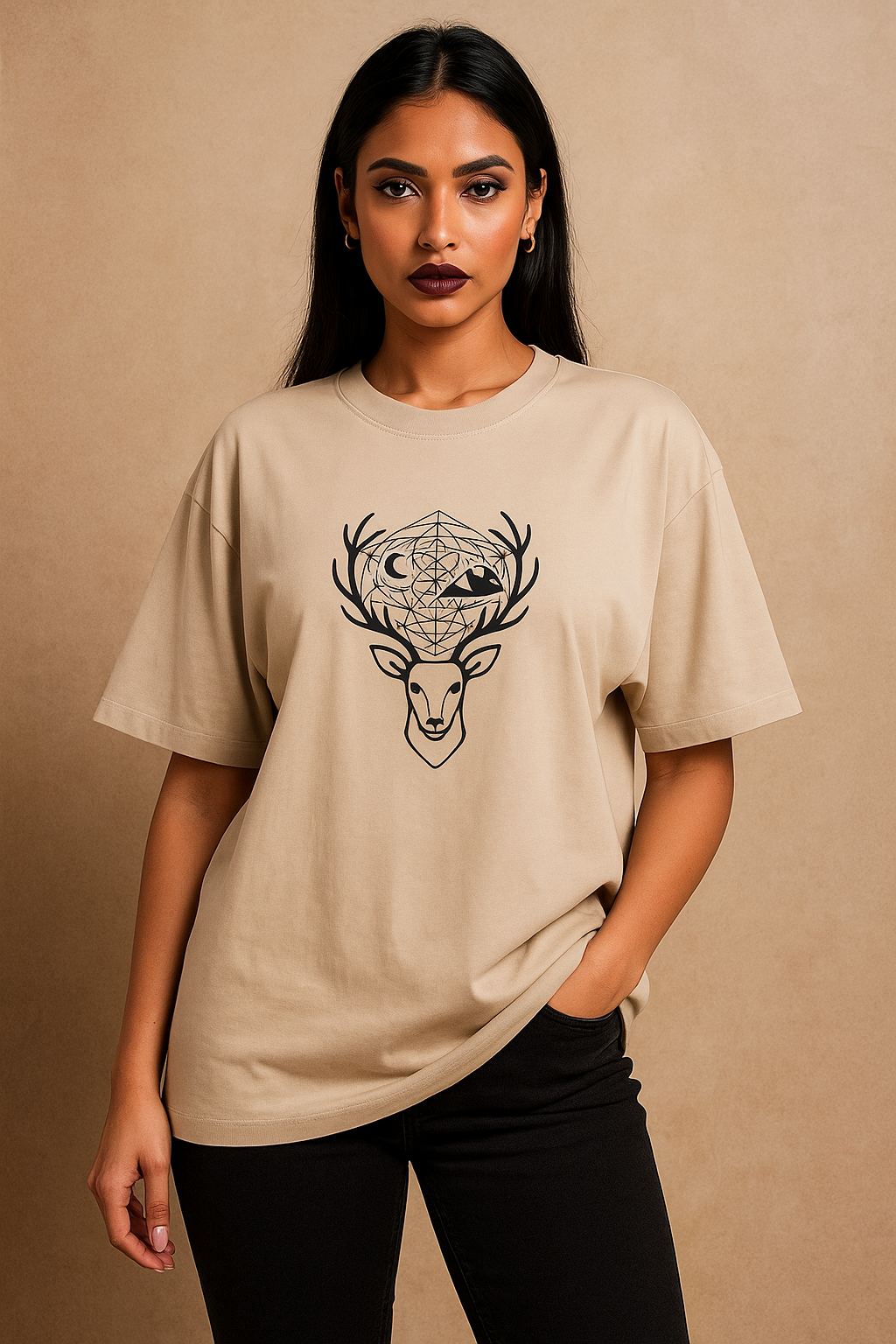 Oversized unisex t-shirt featuring a minimalist deer head with sacred geometry antlers, moon and mountain silhouettes, and a full-back design of a stag on a cliff with a glowing moon and forest tree hem โ premium 240 GSM cotton, made in India.