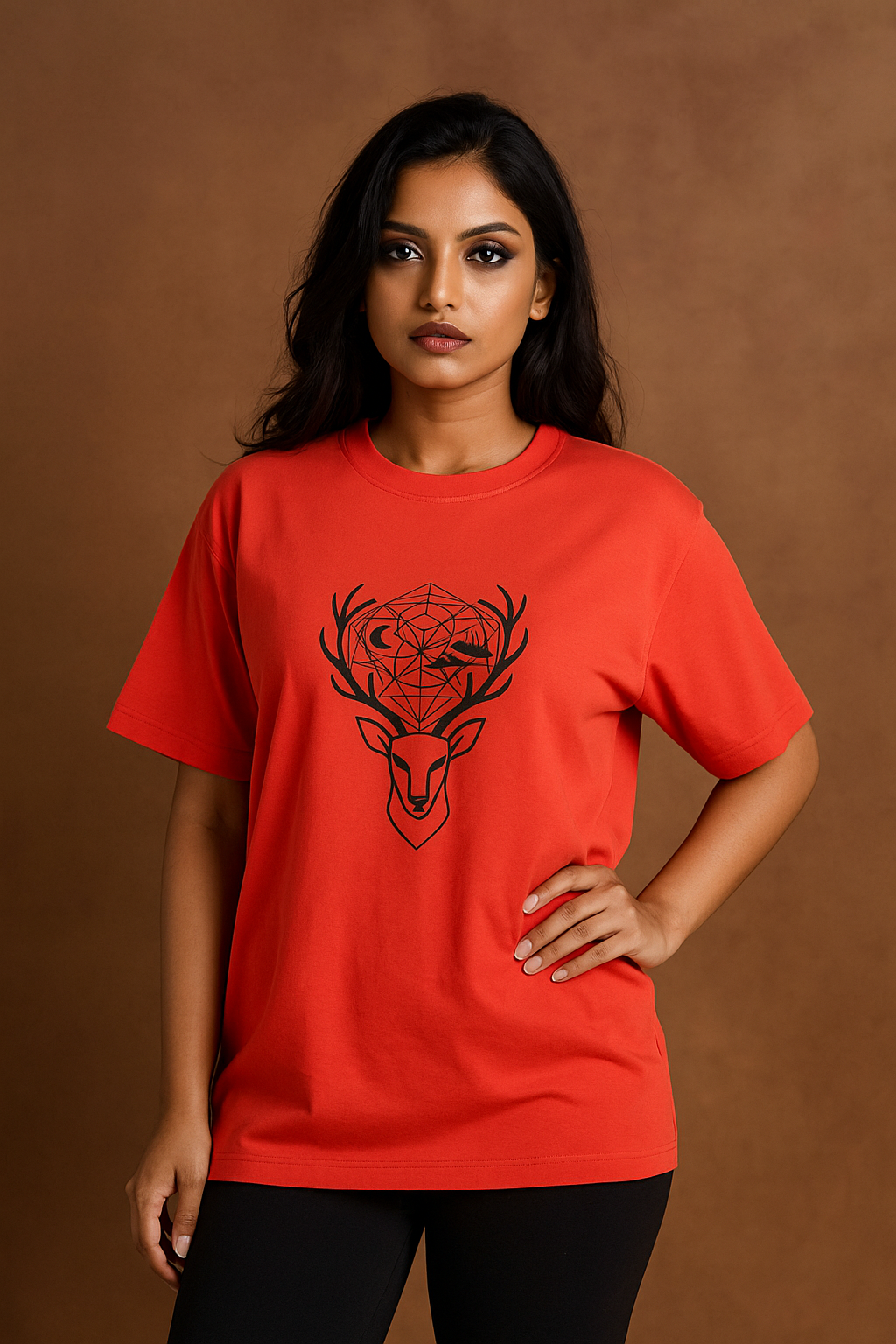 Woman wearing a red t-shirt with a black deer graphic on a brown background
