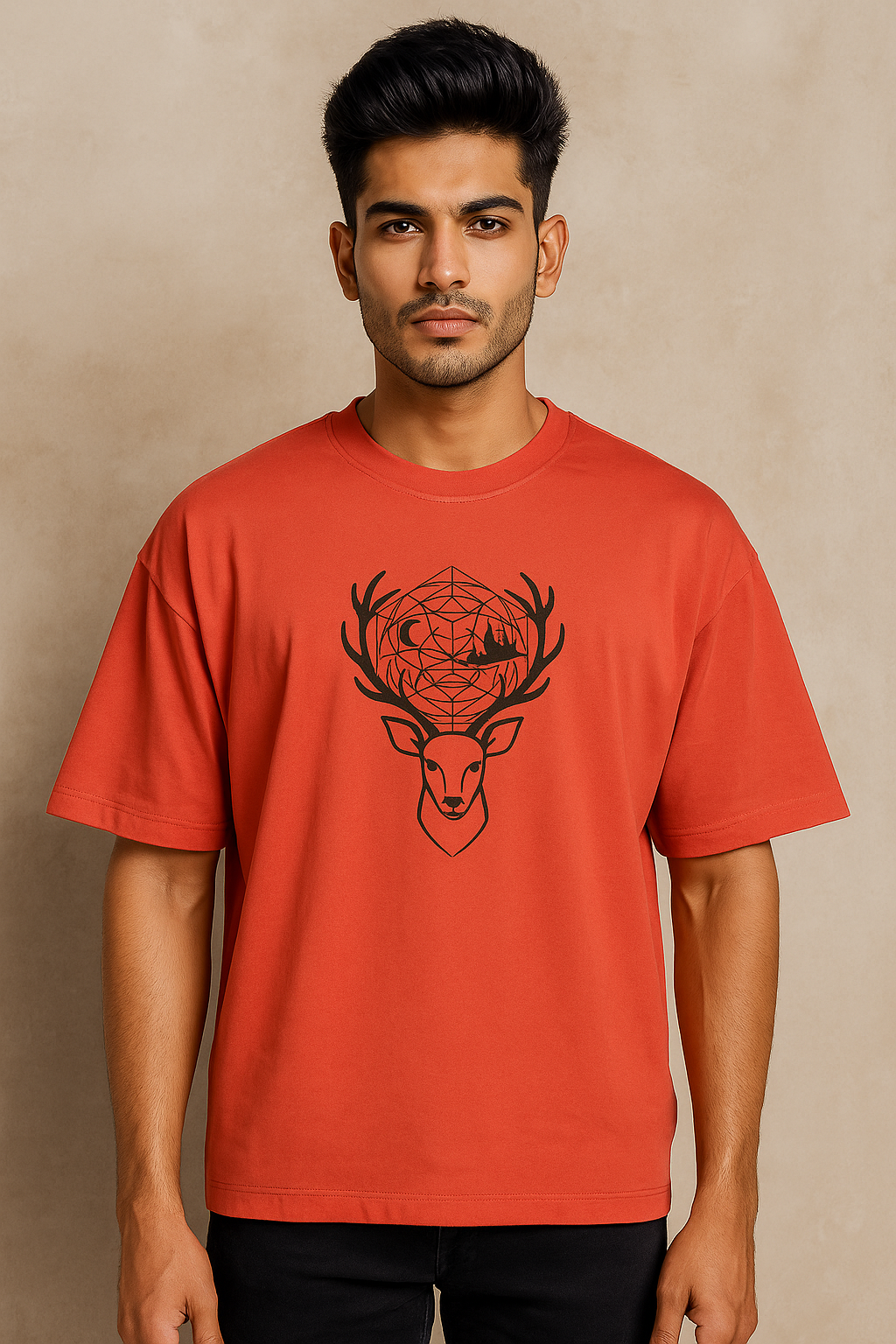 Man wearing a red t-shirt with a black deer graphic on a beige background
