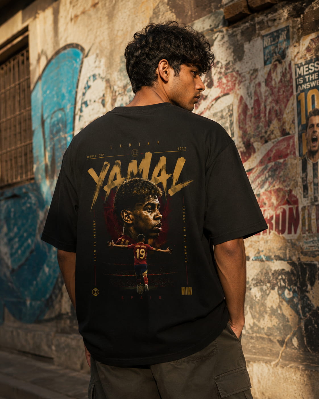 Person wearing a black t-shirt with a graphic design in front of a graffiti-covered wall.
