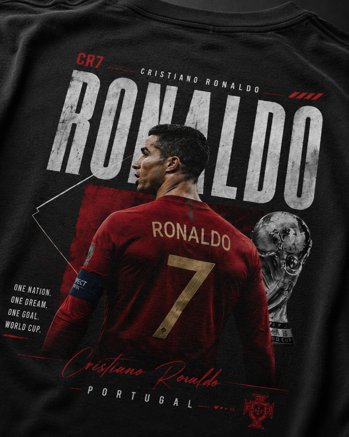 Black t-shirt with Cristiano Ronaldo graphic and text