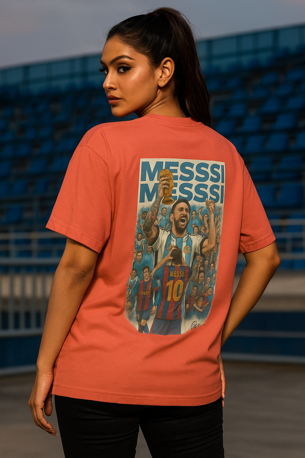 Person wearing a coral t-shirt with Messi graphic design in an outdoor stadium setting