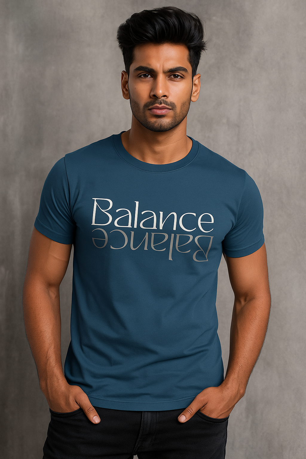Balance Reflection typography t-shirt – casual cotton tee with minimal text design