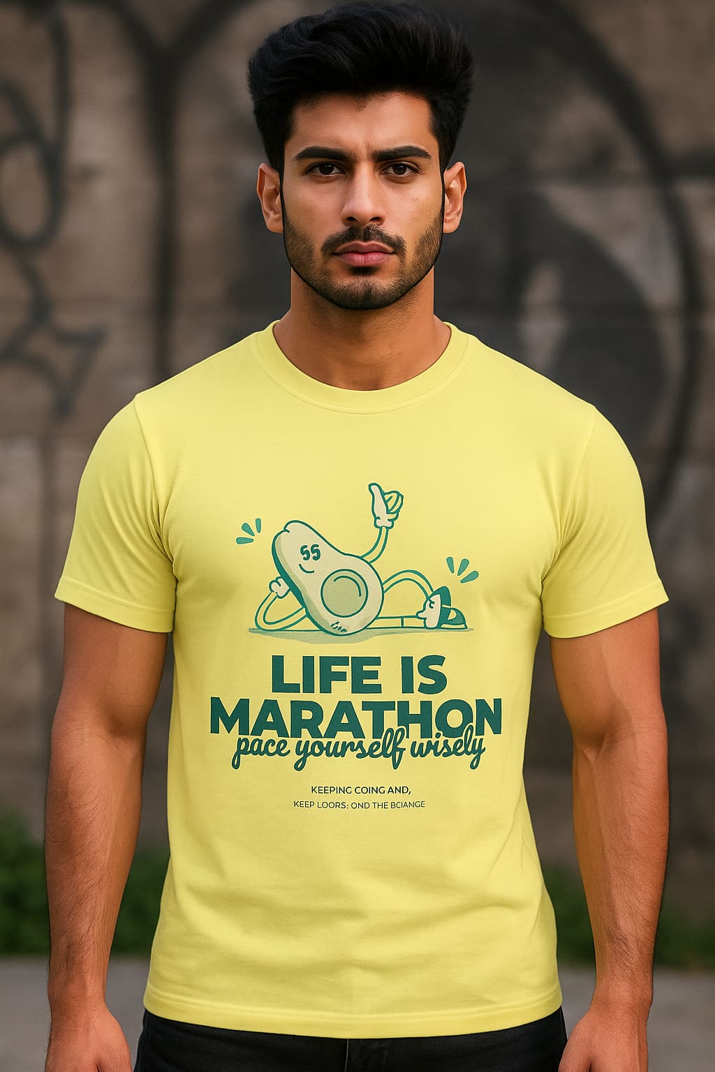 Man wearing a white t-shirt with a green graphic and text on a gray background