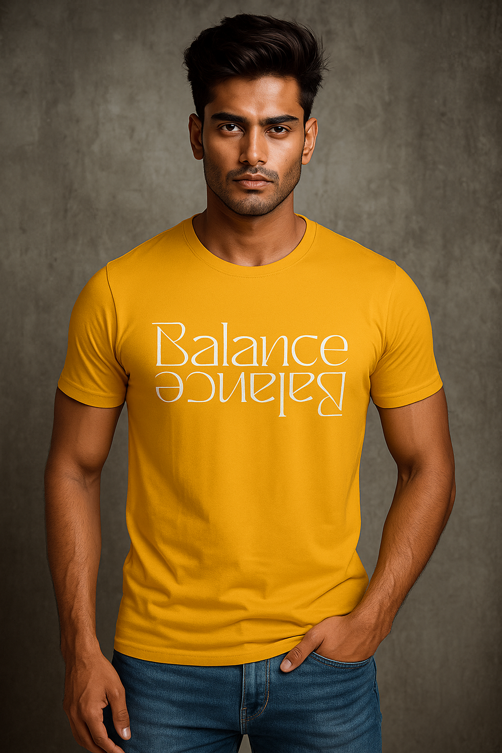 Balance Reflection typography t-shirt – casual cotton tee with minimal text design