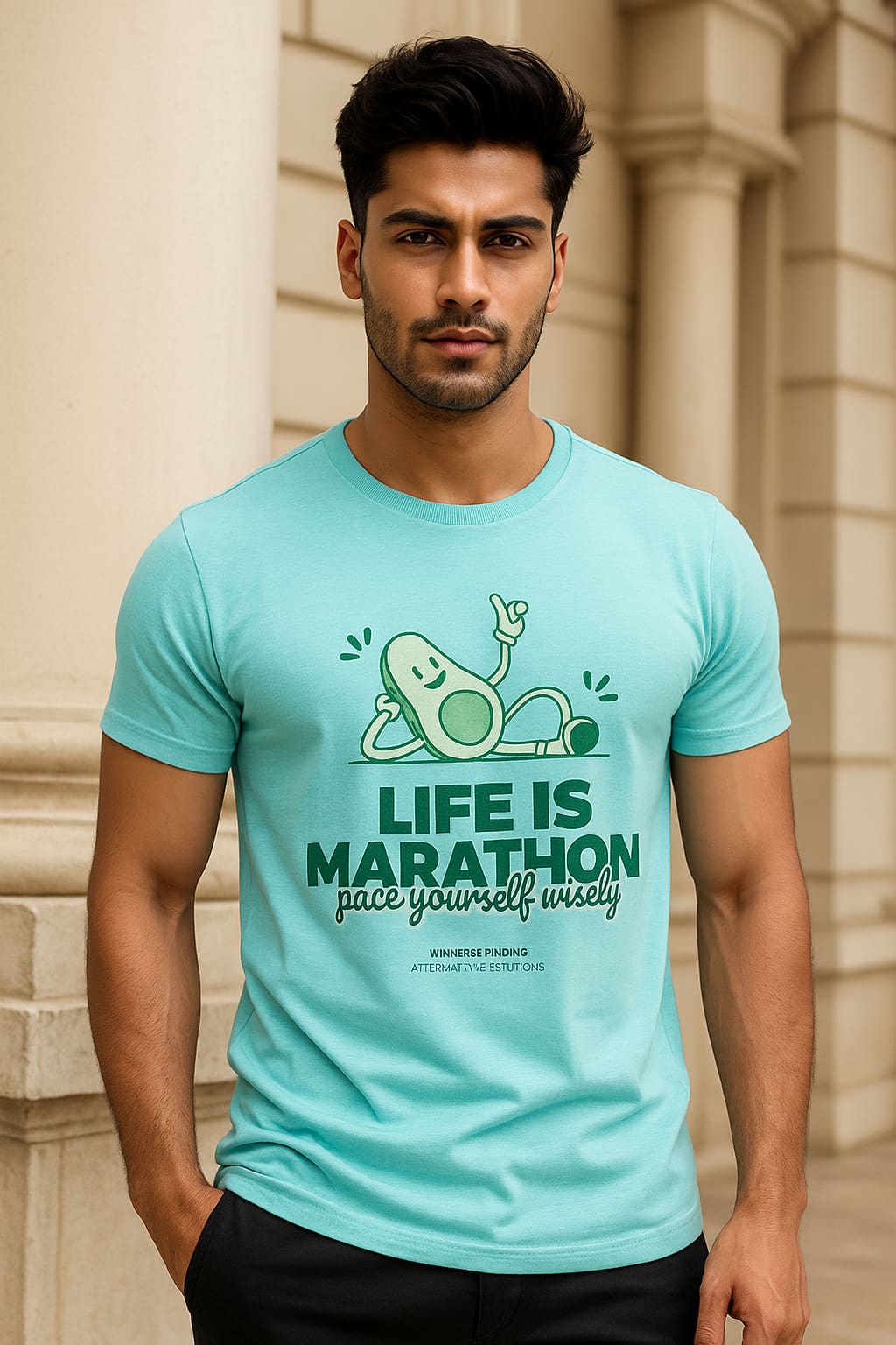 Man wearing a white t-shirt with a green graphic and text on a gray background