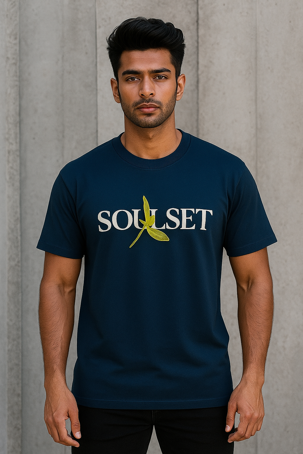 Man wearing a navy blue t-shirt with 'SOUSET' logo against a gray background